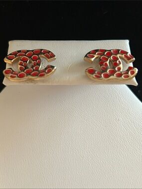 Gold-Tone Earrings with Red Enamel Accents